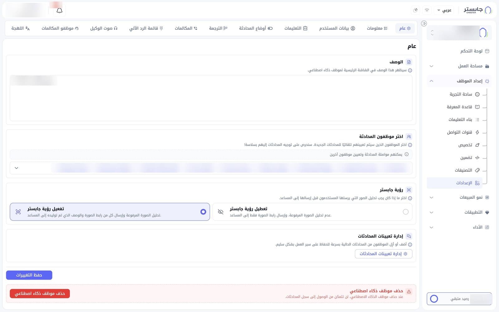 تبويب عام: بطاقات الوصف وموظفي المحادثة ورؤية جابستر وتعيينات المحادثات، ثم زر الحفظ ومنطقة الحذف