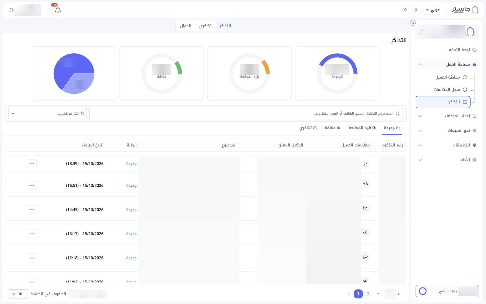 صفحة التذاكر: التبويبات العلوية، ثم الرسوم الإحصائية، ثم البحث والفلتر، ثم تبويبات الحالة وجدول التذاكر