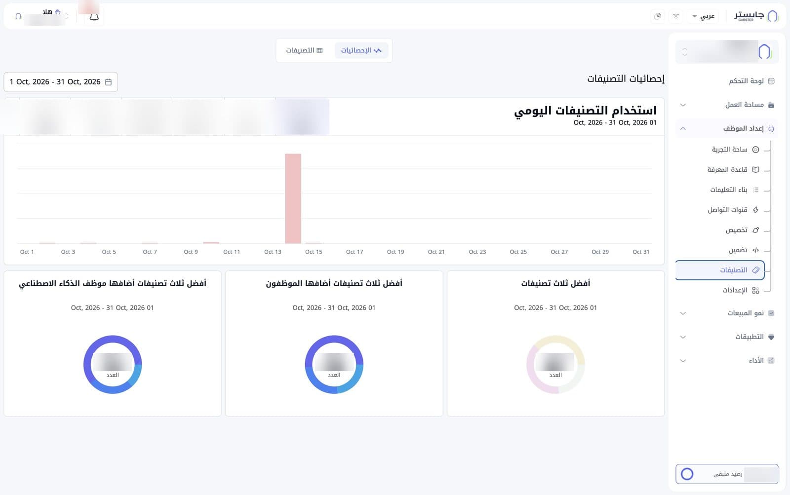 تبويب الإحصائيات: نطاق التاريخ، وبطاقة الاستخدام اليومي بمؤشر لكل تصنيف ومخطط أعمدة، ثم ثلاث مخططات دائرية لأفضل التصنيفات